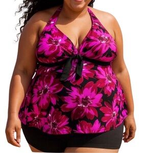 Beach Belle Tankini Top 20W Plus Magenta Floral Halter Tie Front Swim Top NWOT